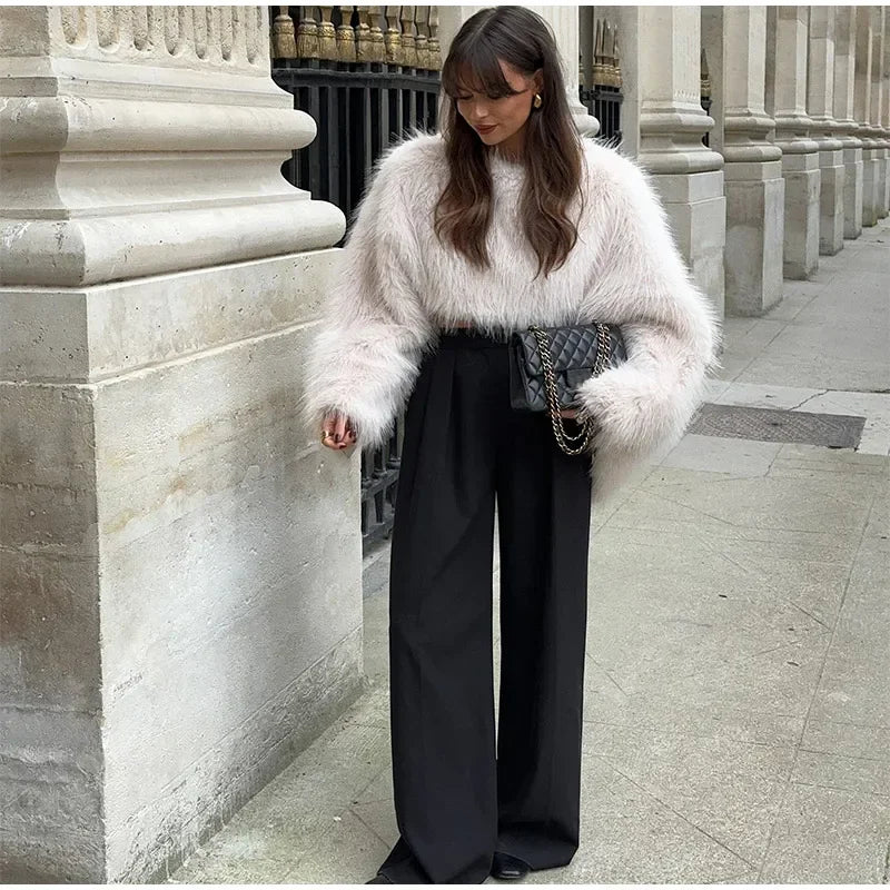 Women's Cropped Faux Fur Top – Long Sleeve Fluffy Jacket Style