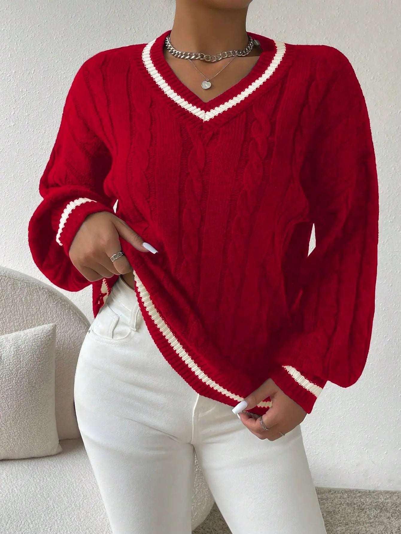 Women’s V-Neck Contrast Trim Jumper – Available in Multiple Colours
