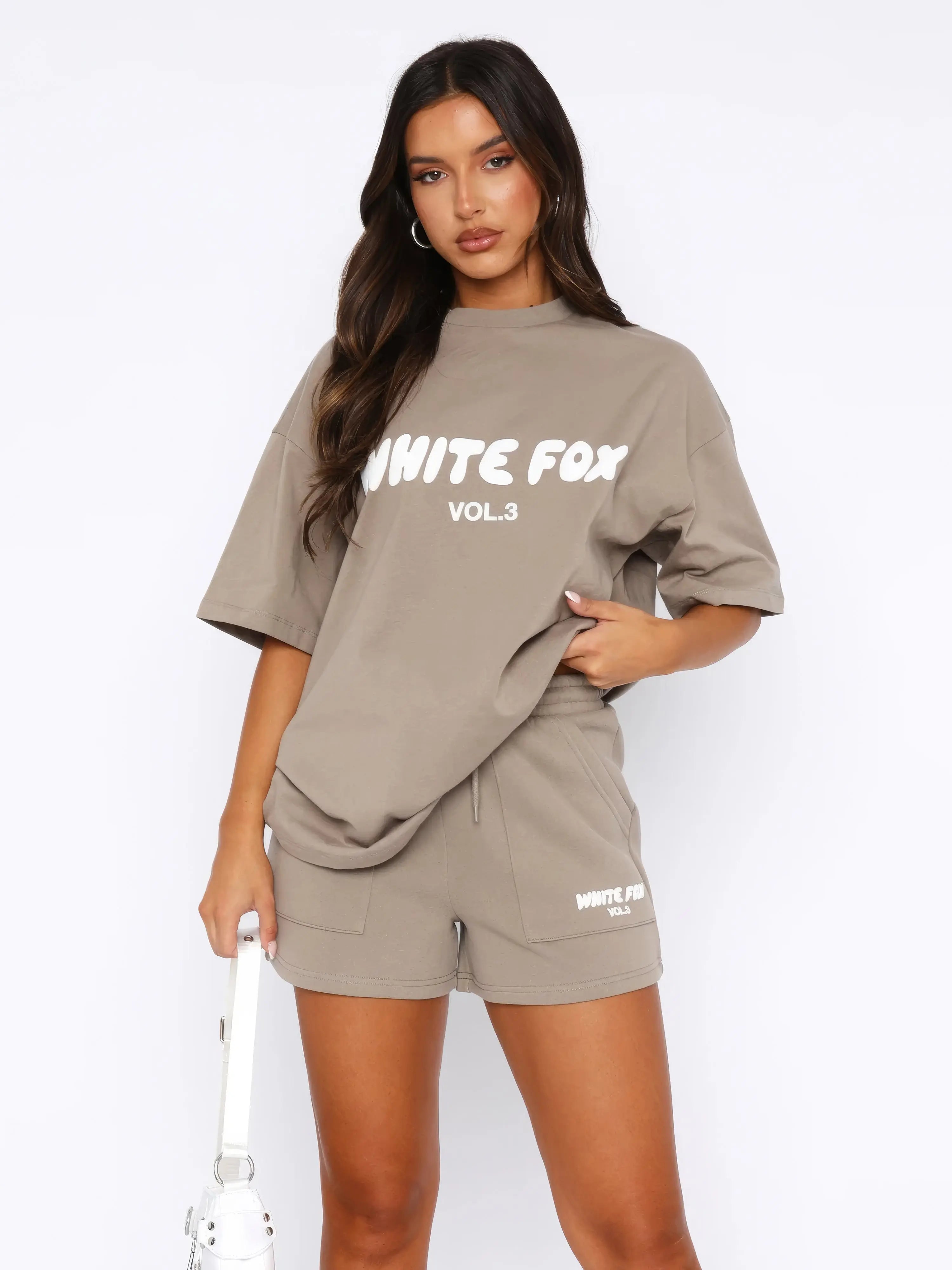 Oversized T-Shirt and Shorts Set for Women – White Fox Casual Co-Ord in Taupe