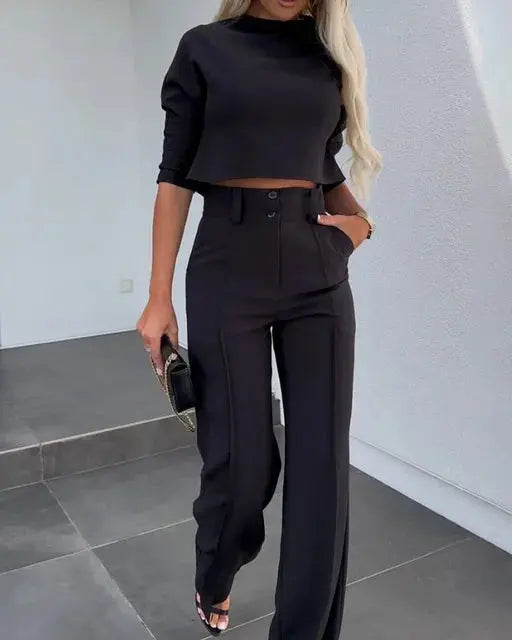 Women’s Two-Piece Set – Black Long-Sleeve Crop Top and High-Waisted Trousers