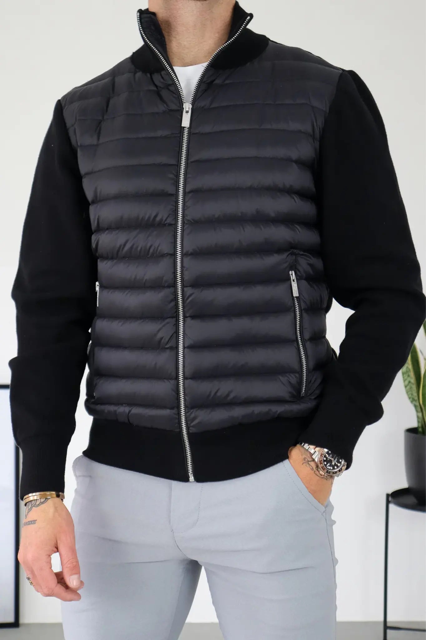 Men’s Lightweight Quilted Bomber Jacket – Zip-Up Puffer with Knitted Sleeves Nuvella-Lane