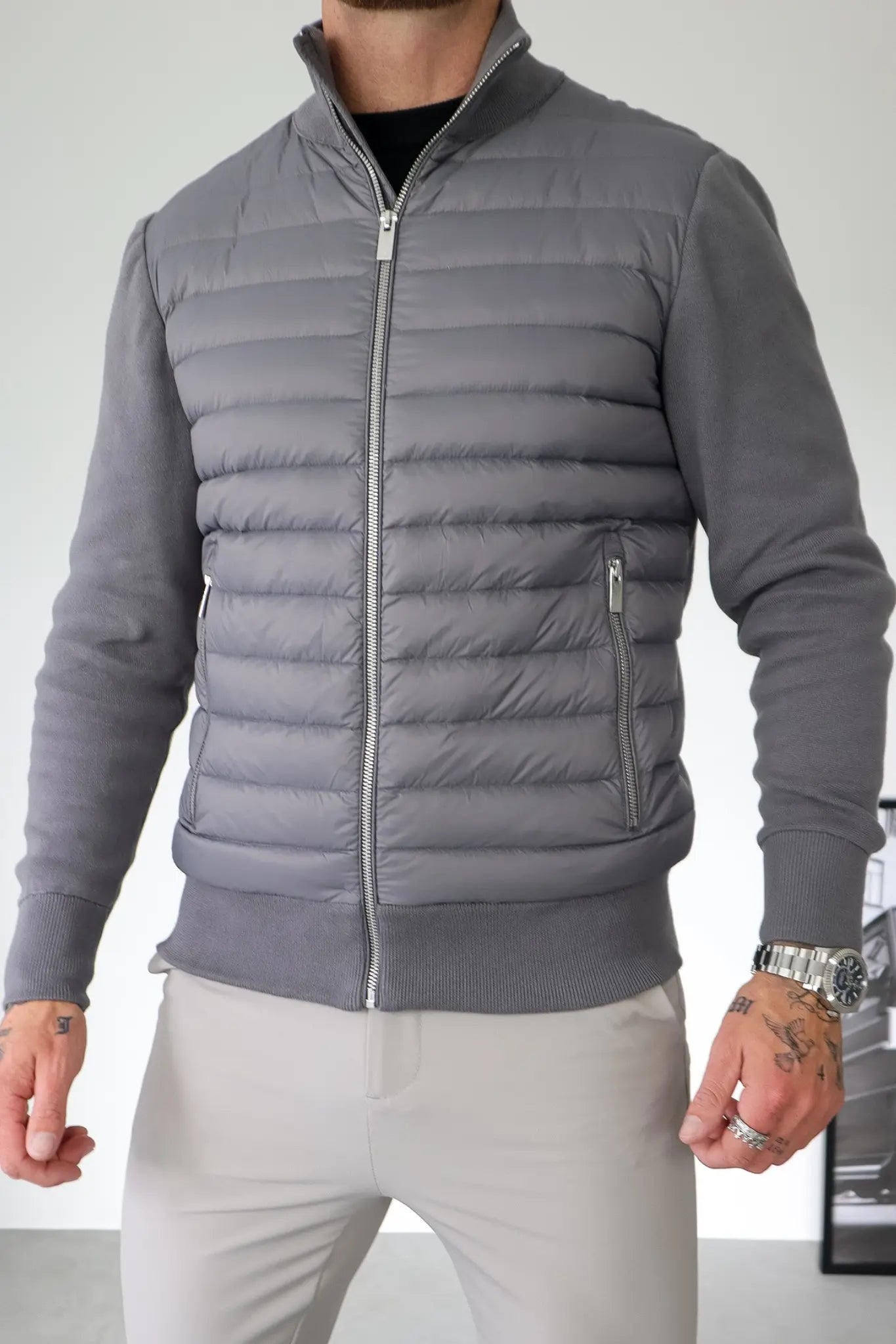 Men’s Lightweight Quilted Bomber Jacket – Zip-Up Puffer with Knitted Sleeves Nuvella-Lane