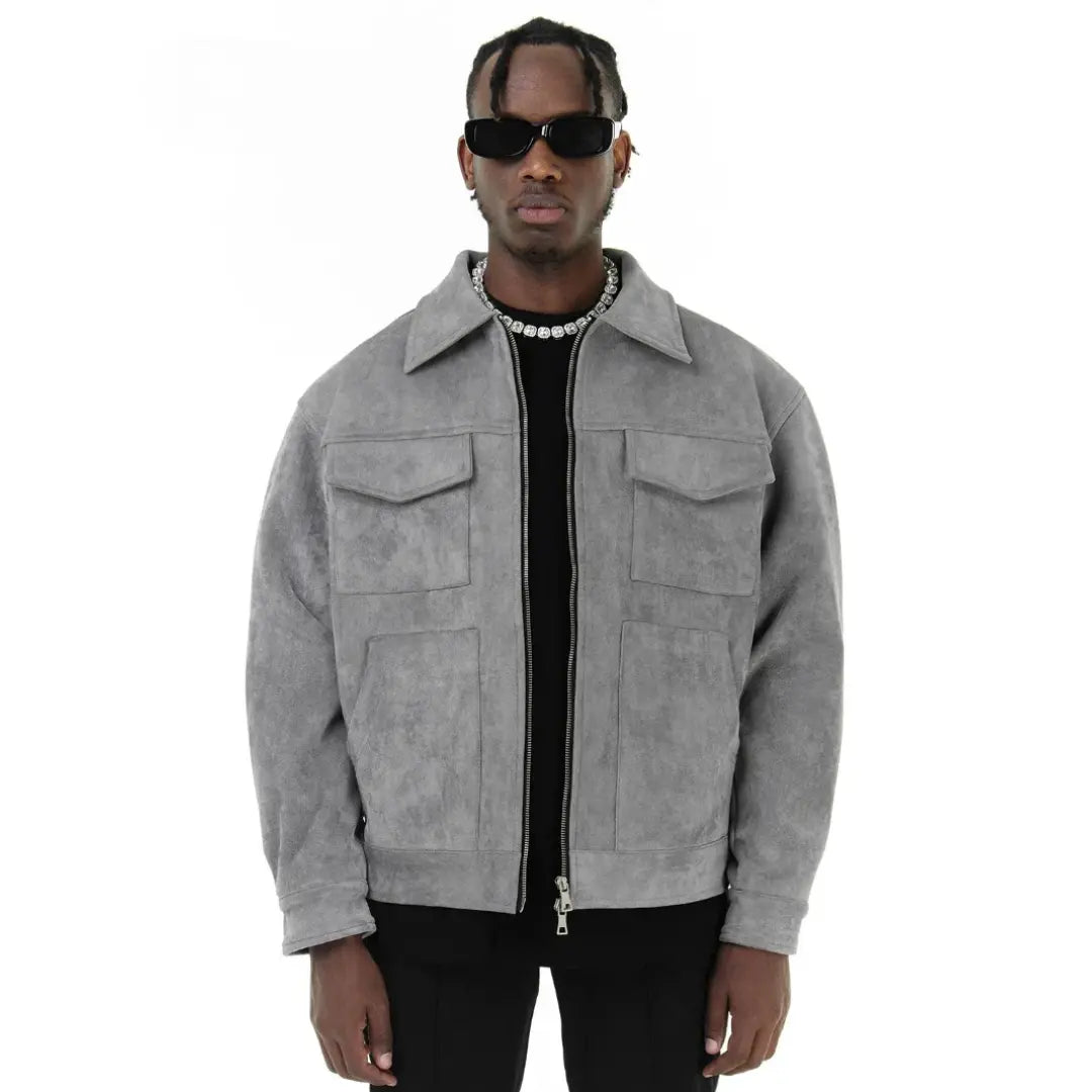 Men’s Premium Suede Cargo Jacket – Modern Grey Streetwear Nuvella-Lane