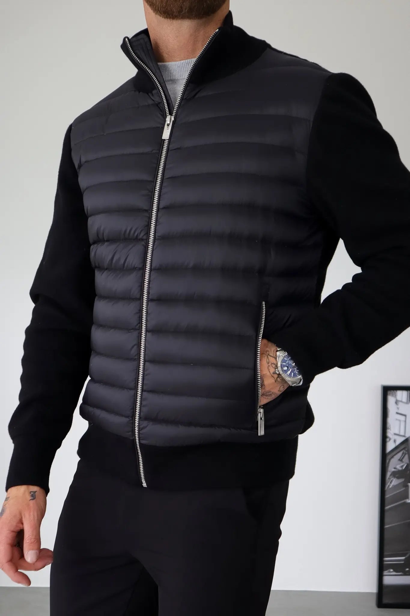 Men’s Lightweight Quilted Bomber Jacket – Zip-Up Puffer with Knitted Sleeves Nuvella-Lane