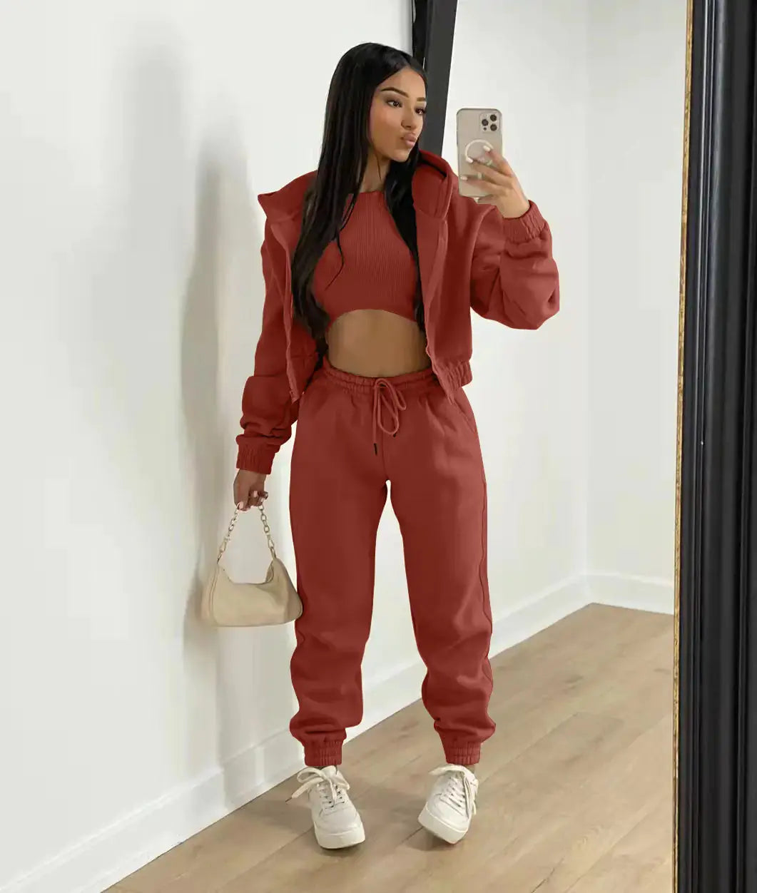 Women’s Three-Piece Tracksuit Set – Cream Bomber Jacket, Crop Top and Joggers