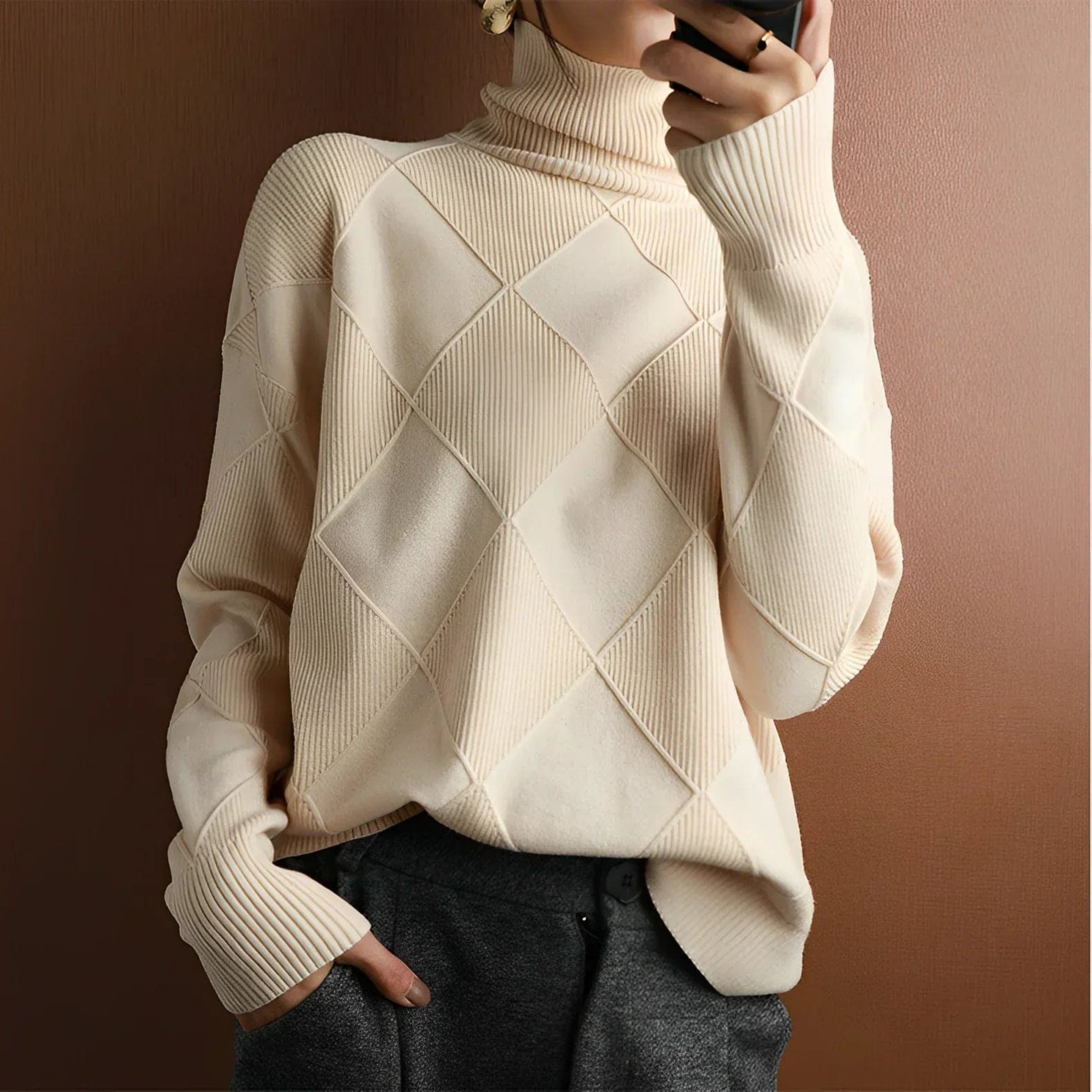 Women’s Turtleneck Sweater with Geometric Knit Pattern