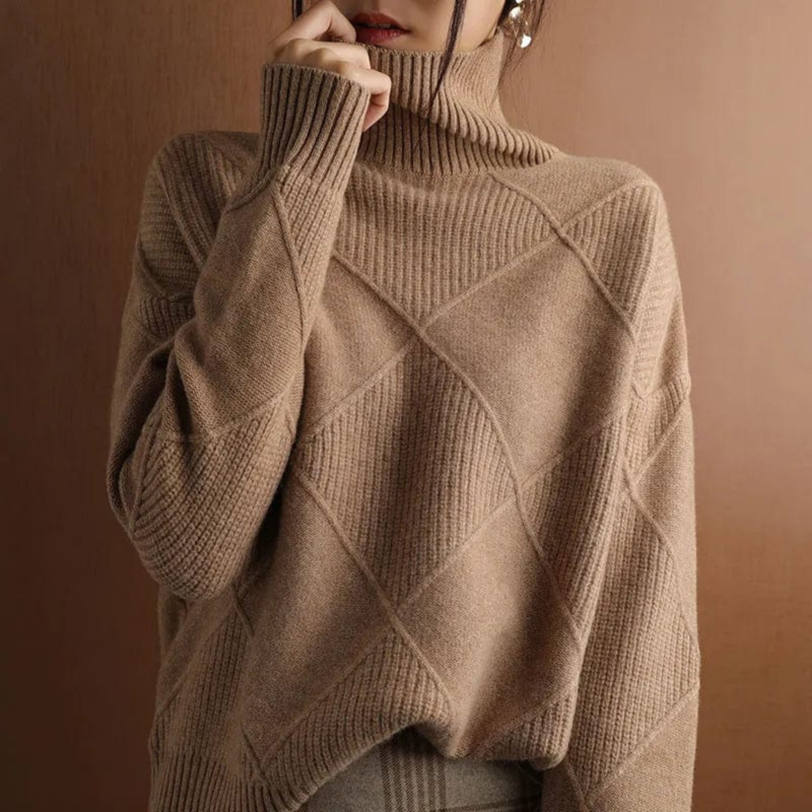 Women’s Turtleneck Sweater with Geometric Knit Pattern