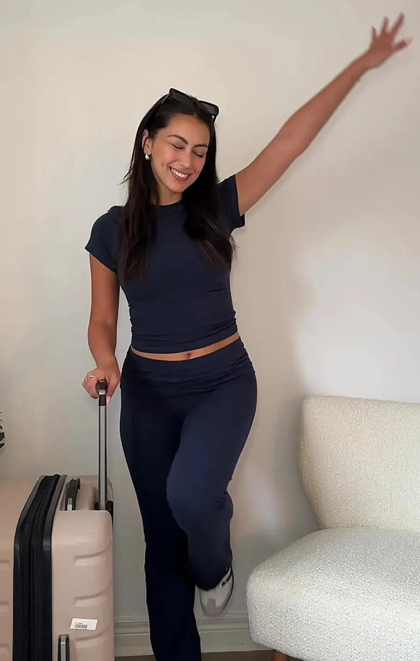 Women’s Grey Two-Piece Lounge Set – Short Sleeve Top and Flared Pants