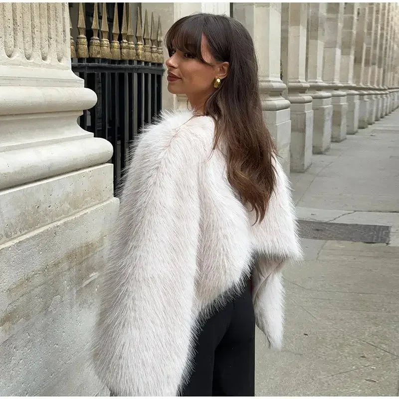 Women's Cropped Faux Fur Top – Long Sleeve Fluffy Jacket Style