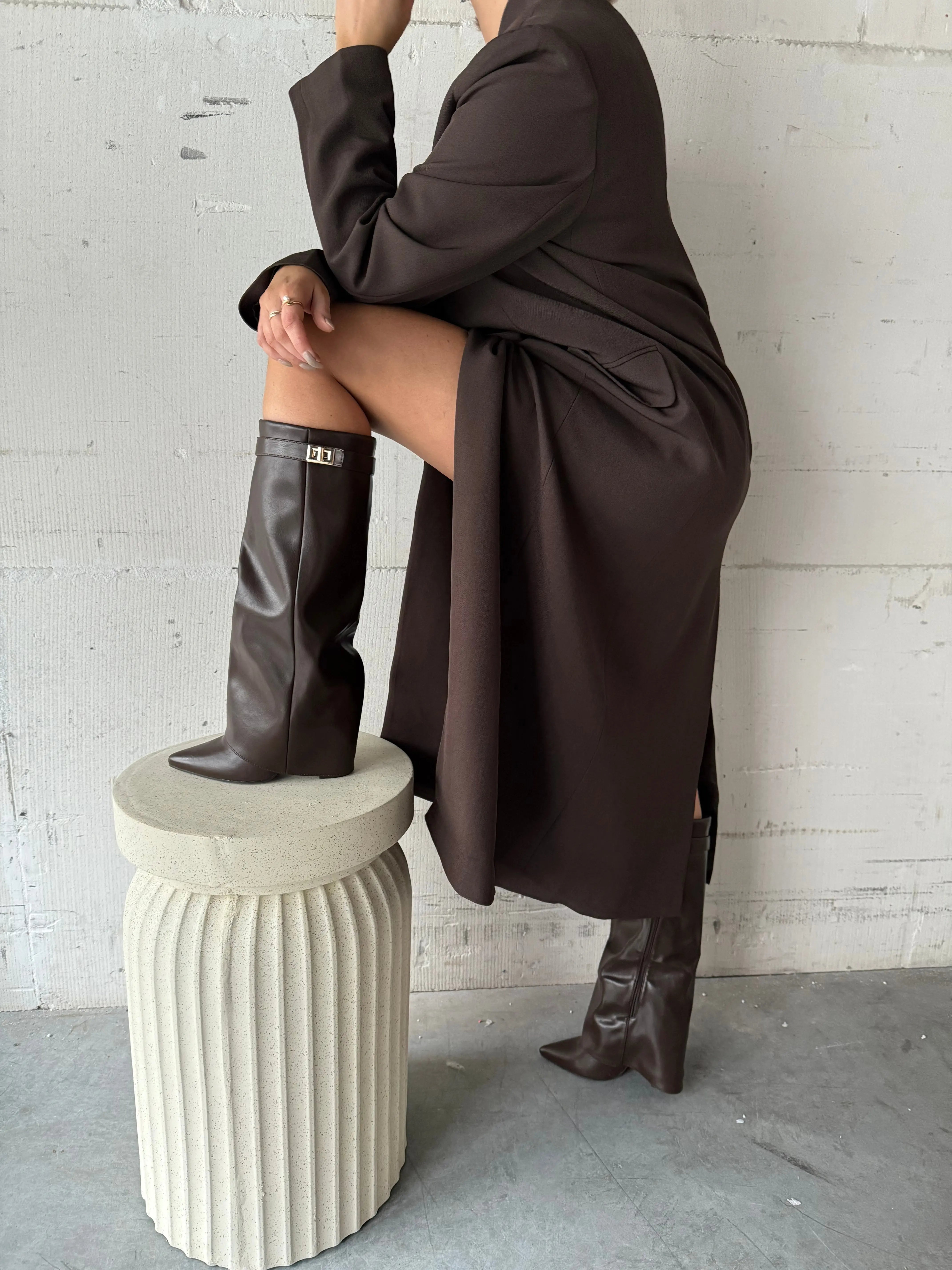 Women's Knee-High Leather Boots – Sleek Dark Brown with Gold Buckle Detail Nuvella-Lane