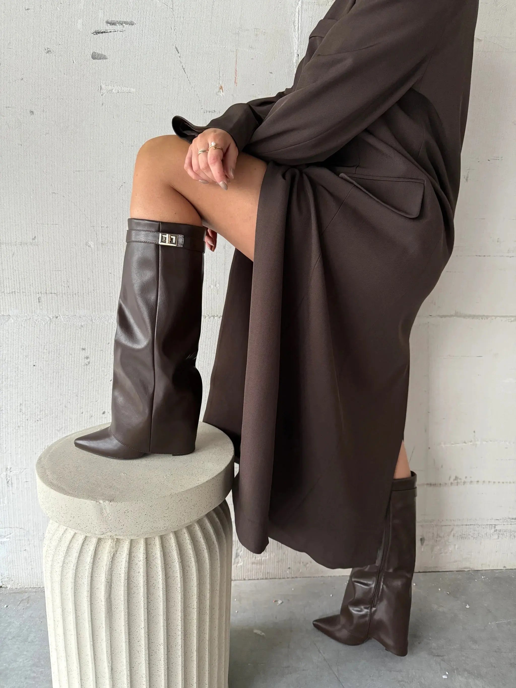 Women's Knee-High Leather Boots – Sleek Dark Brown with Gold Buckle Detail Nuvella-Lane