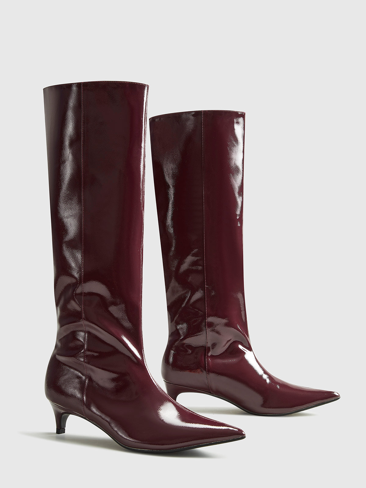 Women’s Burgundy Patent Knee-High Boots – Pointed Toe with Low Heel