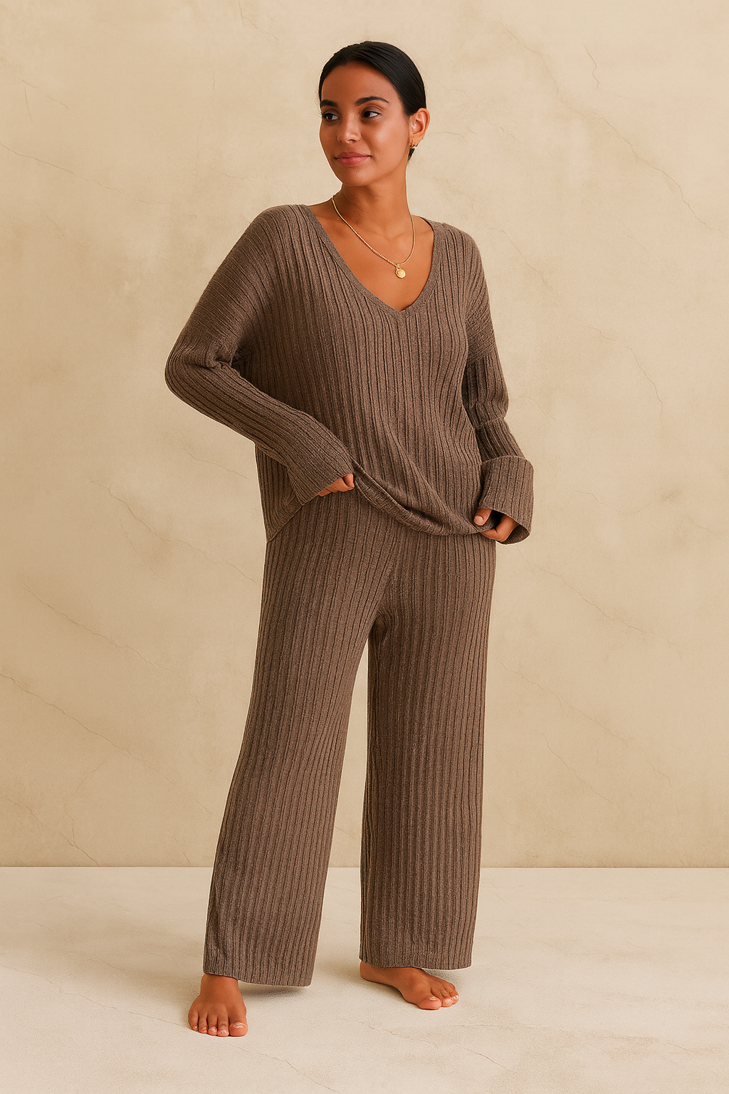 Women’s Beige Ribbed Knit Loungewear Set – V-Neck Sweater & Wide-Leg Pants