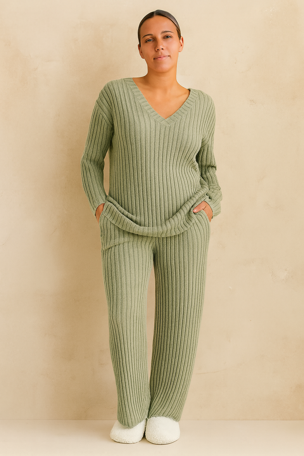Women’s Beige Ribbed Knit Loungewear Set – V-Neck Sweater & Wide-Leg Pants