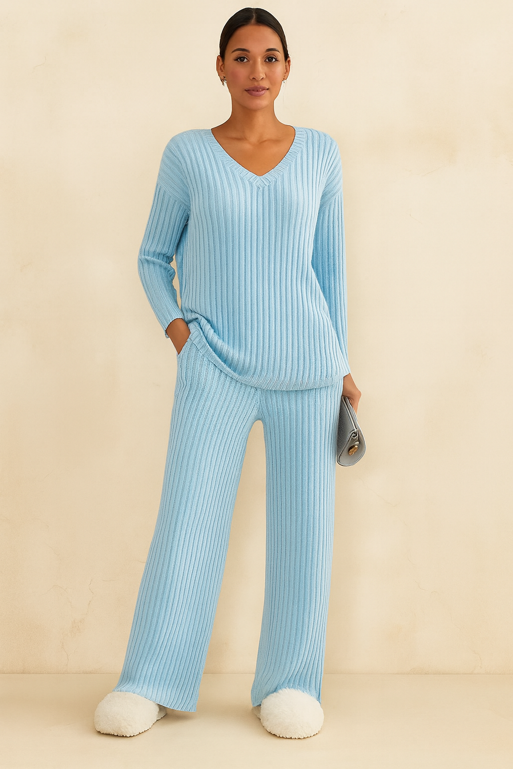 Women’s Beige Ribbed Knit Loungewear Set – V-Neck Sweater & Wide-Leg Pants