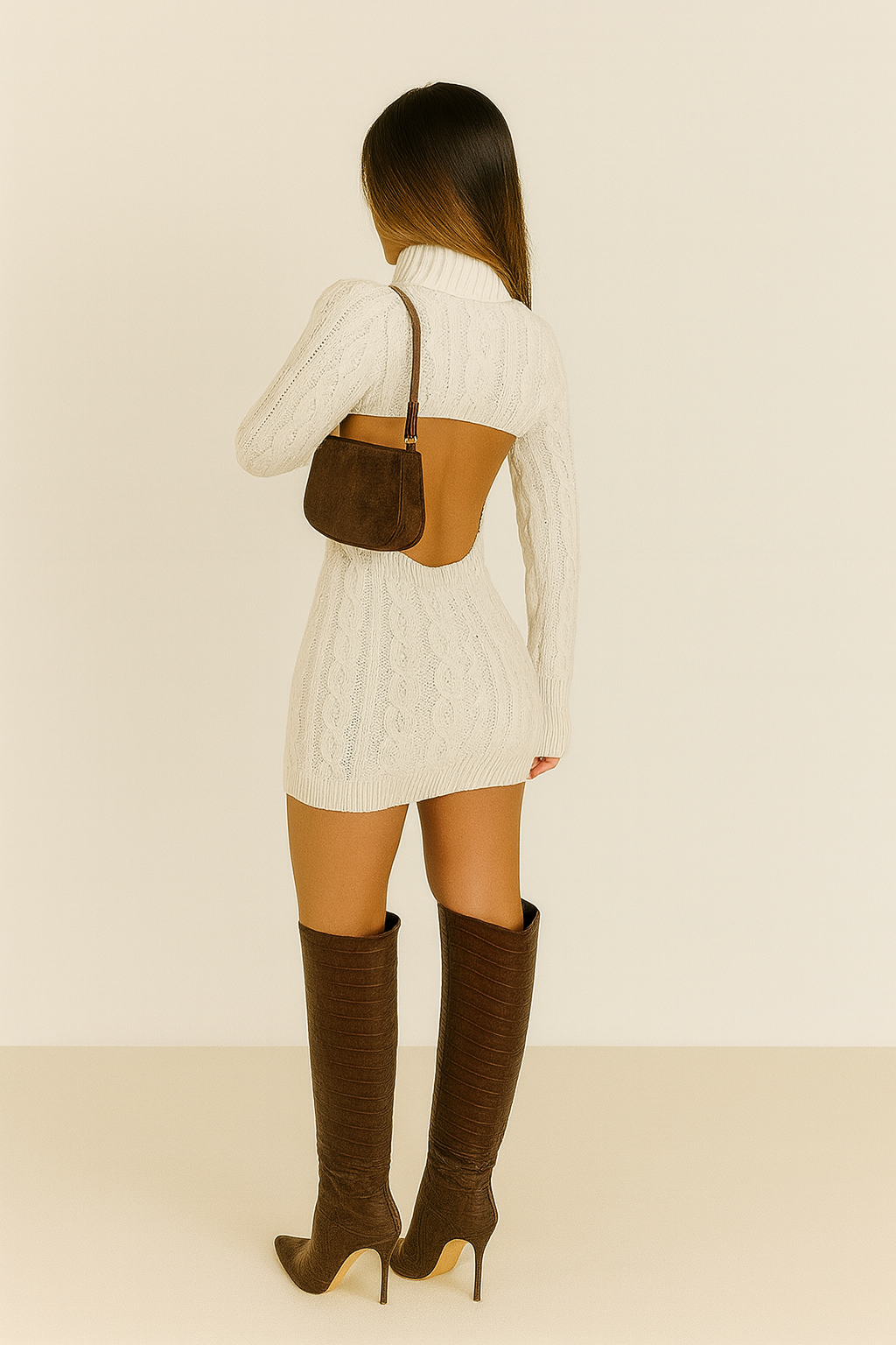 Cozy chic cream knit mini dress with ribbed texture