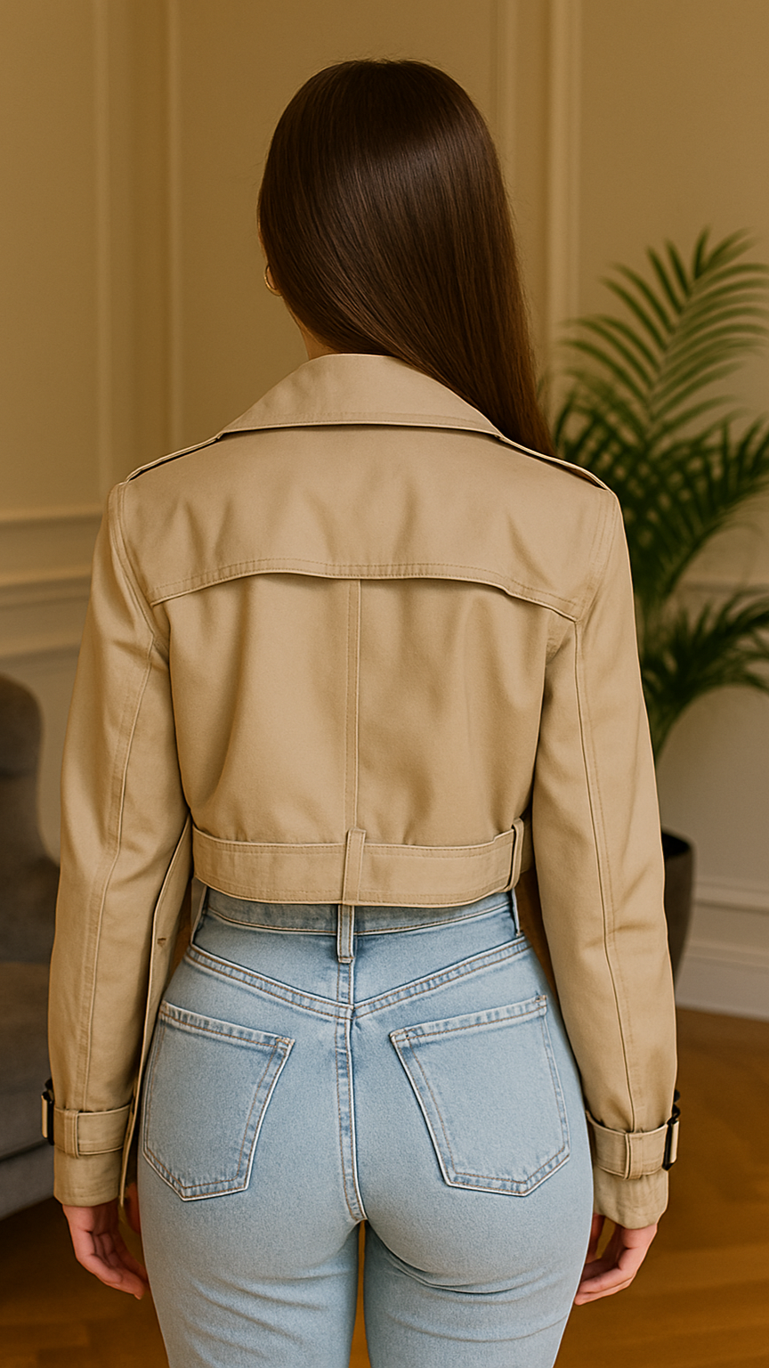 Beige Cropped Trenchcoat with Belt – Modern and Refined