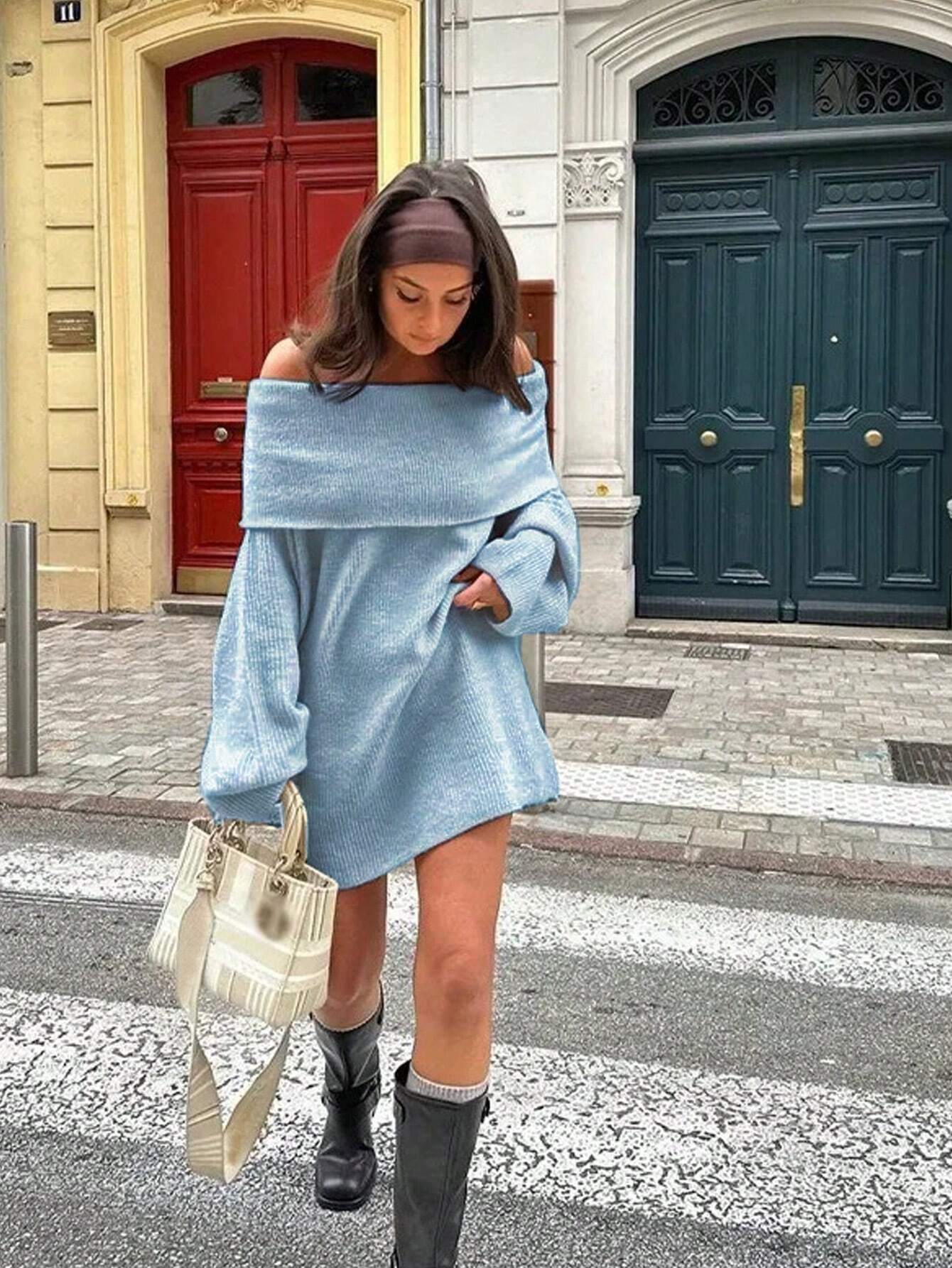 Off Shoulder Knit Dress –Sweater Dress with Folded Collar