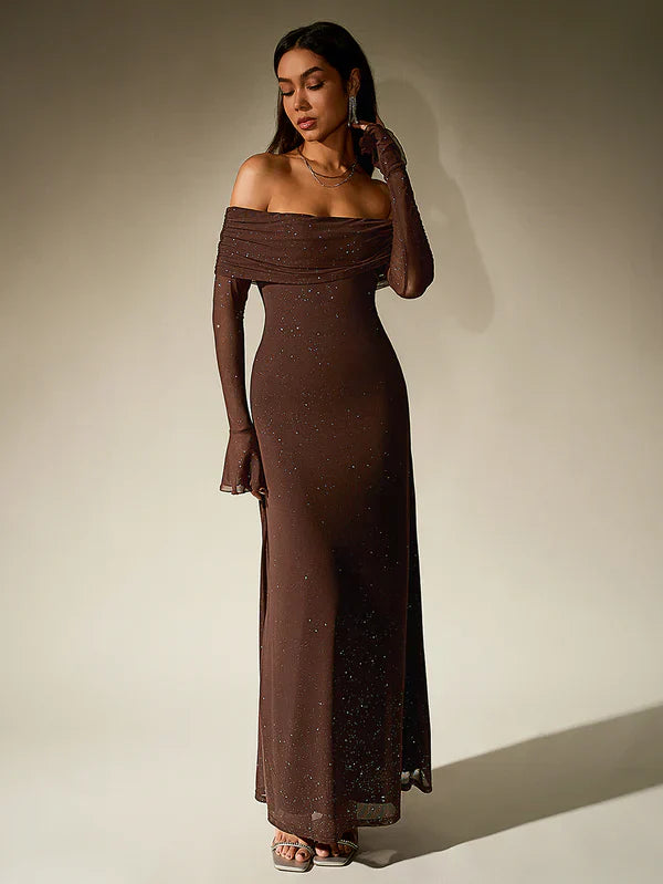 Women’s Off-Shoulder Maxi Evening Dress with Long Sleeves
