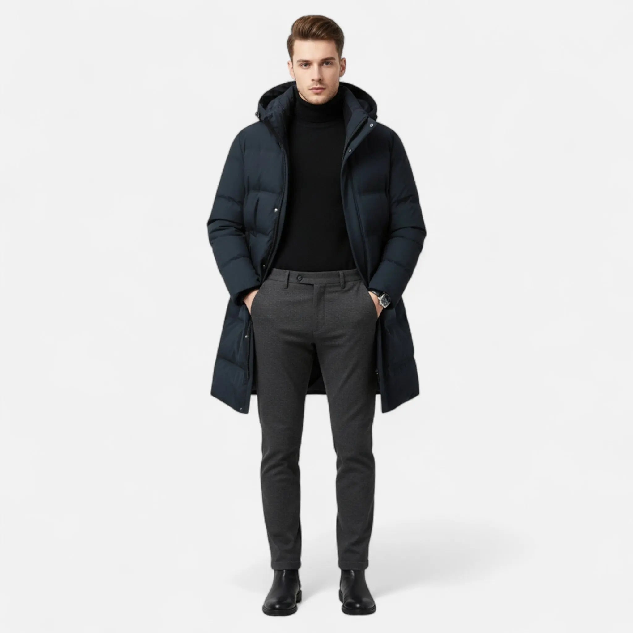 Men’s Long Puffer Jacket – Windproof Hooded Winter Coat with Insulated Padding Nuvella-Lane