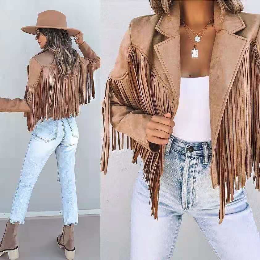 Women's Western Fringe Suede Jacket – Vintage Cropped Cowboy Style Nuvella-Lane