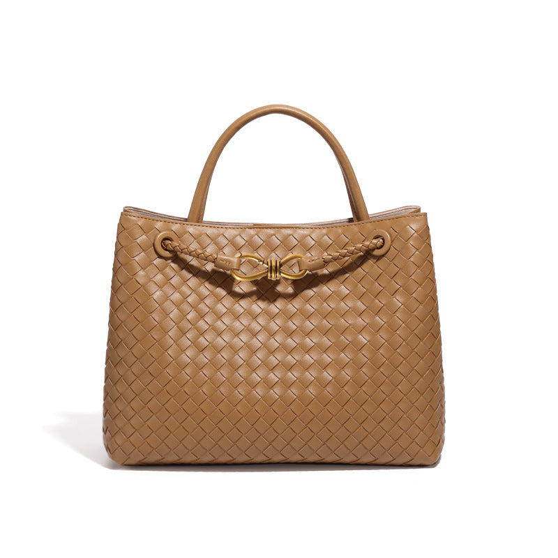 Black Woven Leather Tote Bag with Gold Accent – Structured Elegance