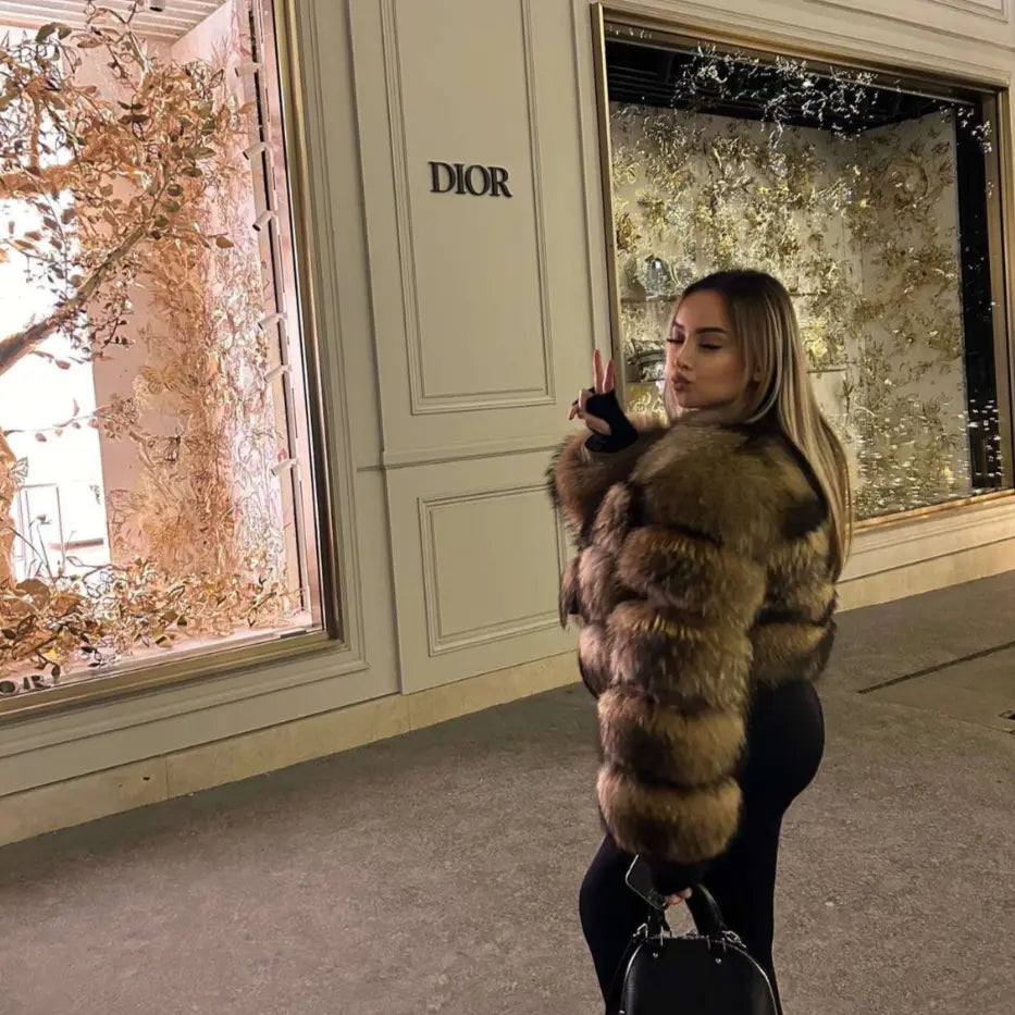 Women’s Luxury Faux Fur Jacket – Short Cut Winter Coat in Brown Nuvella-Lane