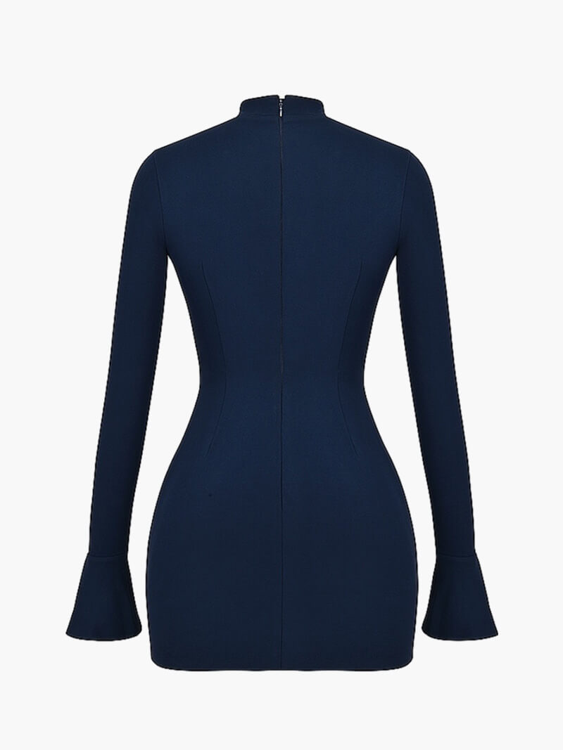 Navy Blue Long Sleeve Mini Dress – High Neck Bodycon Cocktail Dress