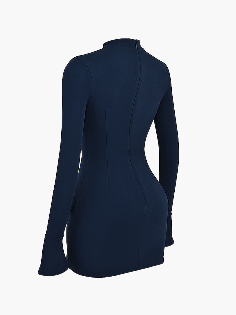 Navy Blue Long Sleeve Mini Dress – High Neck Bodycon Cocktail Dress
