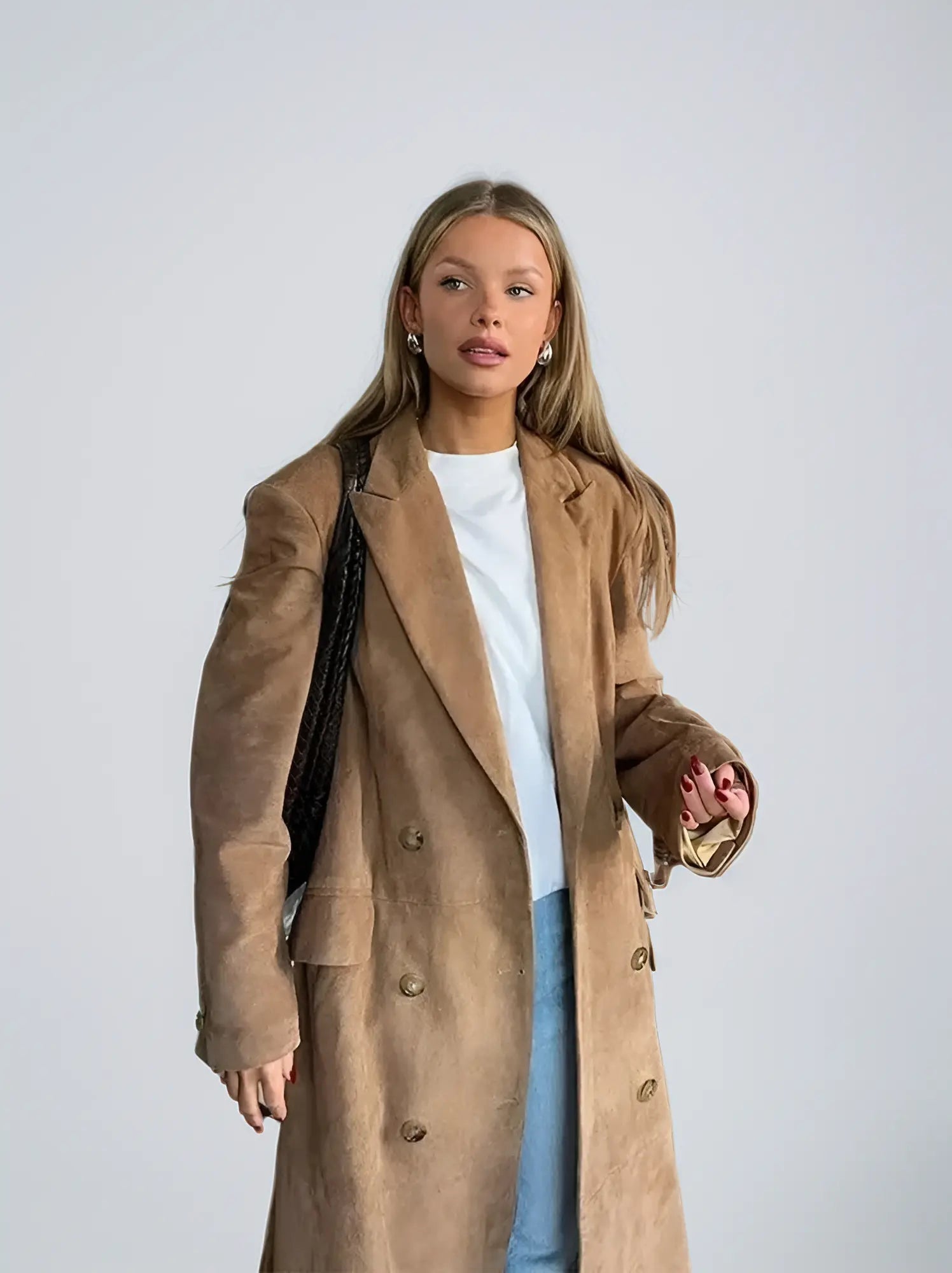 Women's Long Suede Trench Coat – Double-Breasted Tailored Overcoat