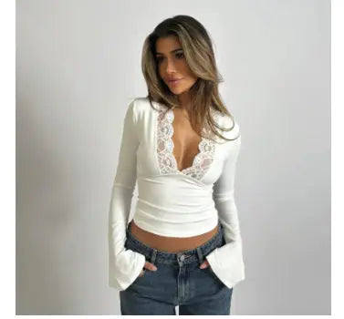 Women’s Long Sleeve Lace Trim Crop Top – Deep V-Neck Blouse