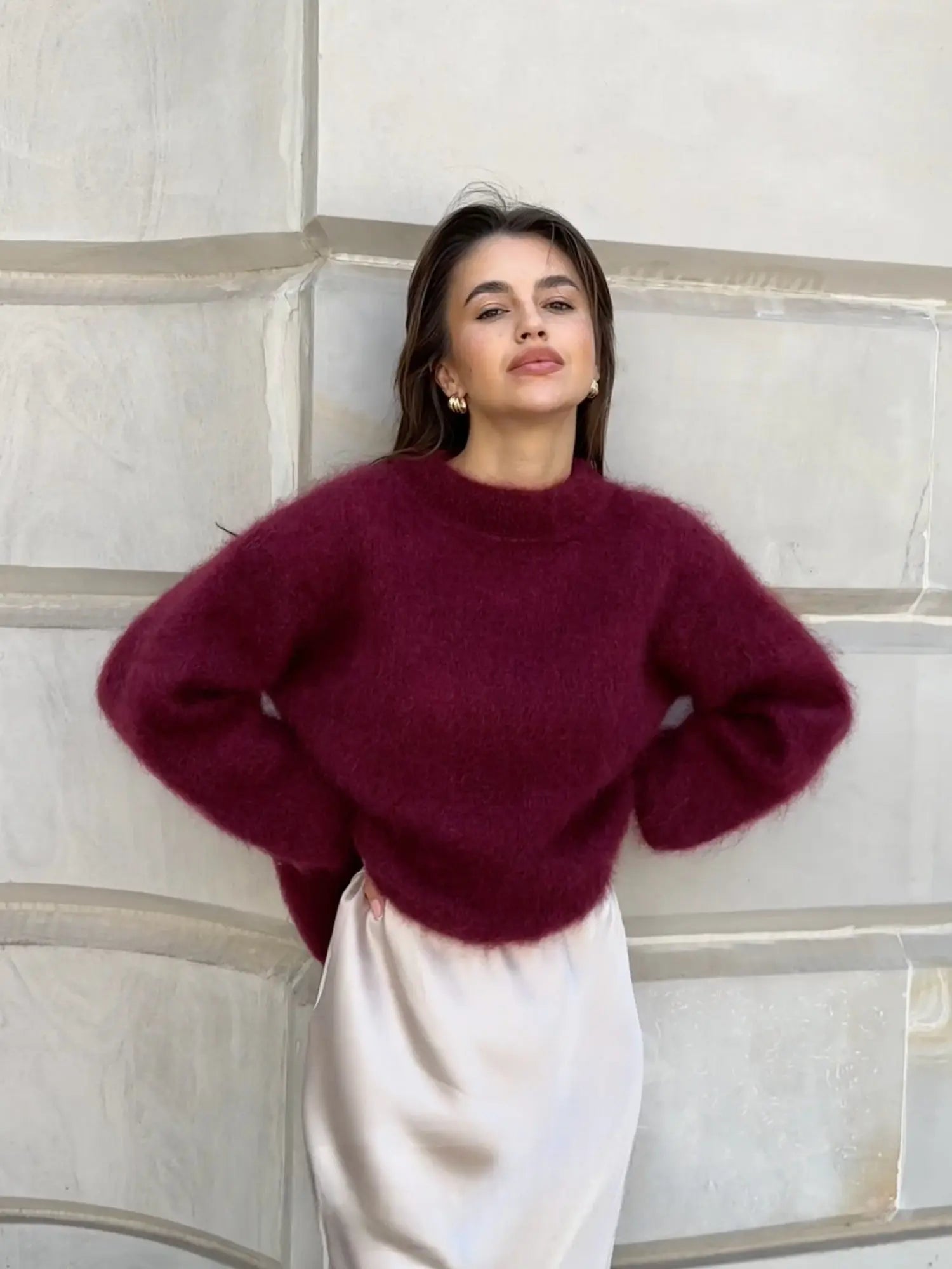 Women’s High-Neck Jumper – Available in Cream, Burgundy and Grey