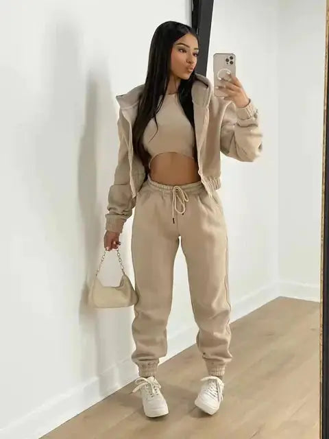 Women’s Three-Piece Tracksuit Set – Cream Bomber Jacket, Crop Top and Joggers