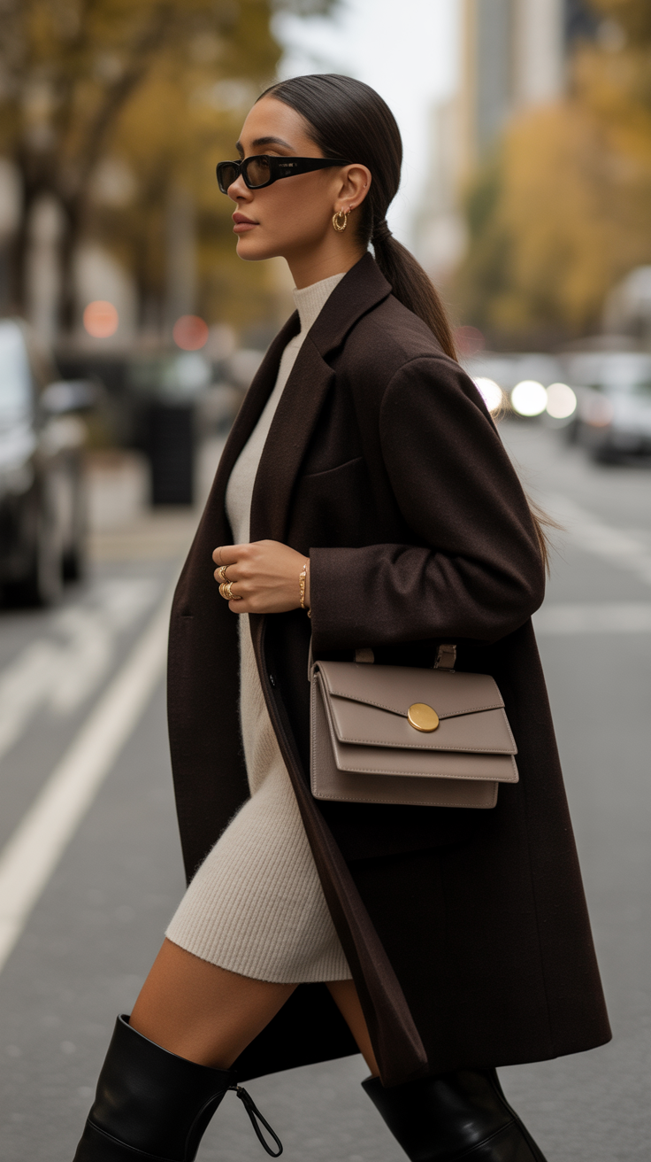 Long Double-Breasted Women's Coat – Elegant and Timeless in Brown
