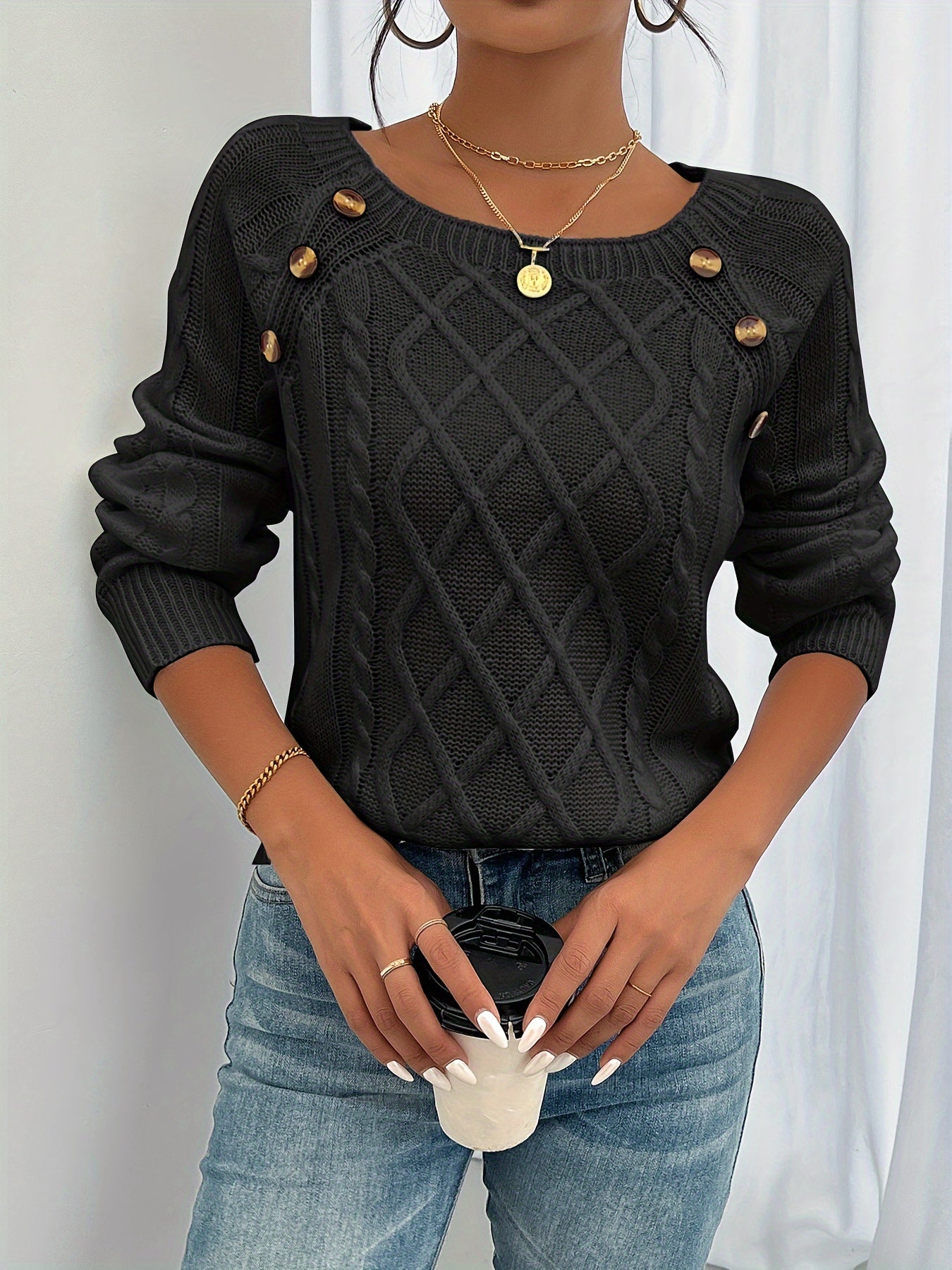 Women’s Cable Knit Sweater with Button Detail – Multiple Colors