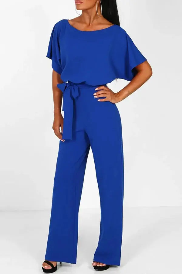 Women’s Short Sleeve Belted Jumpsuit – Elegant Wide-Leg One-Piece