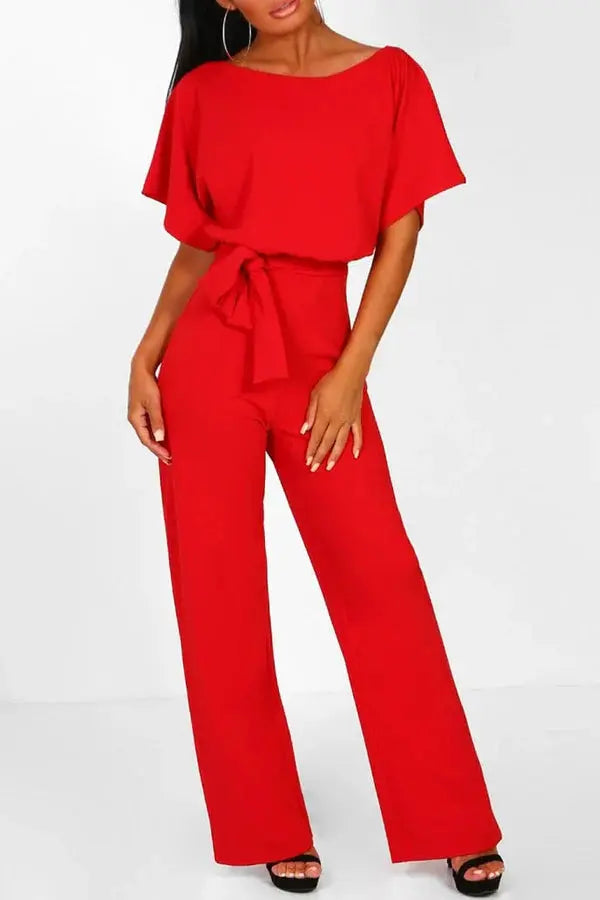 Women’s Short Sleeve Belted Jumpsuit – Elegant Wide-Leg One-Piece