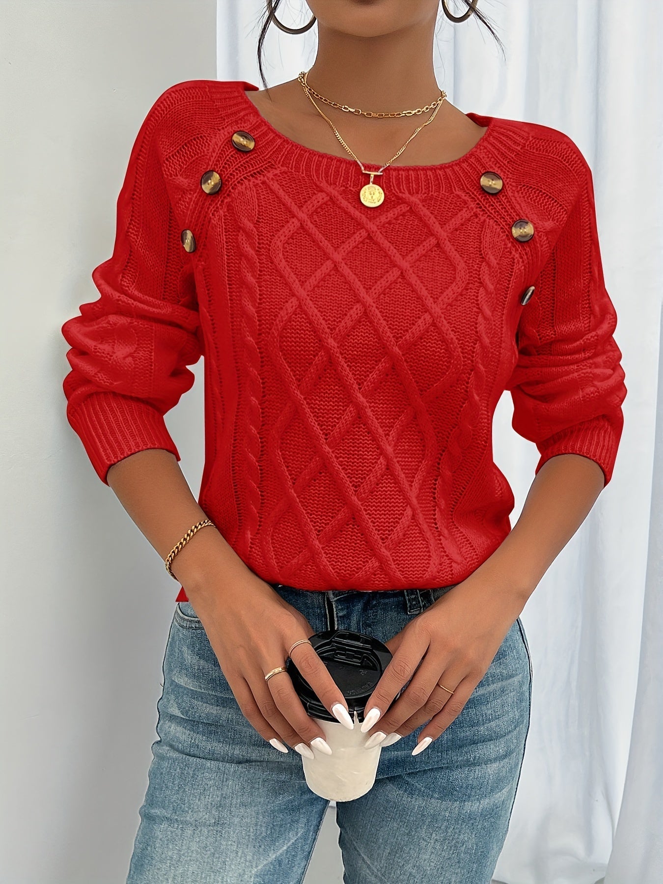 Women’s Cable Knit Sweater with Button Detail – Multiple Colors