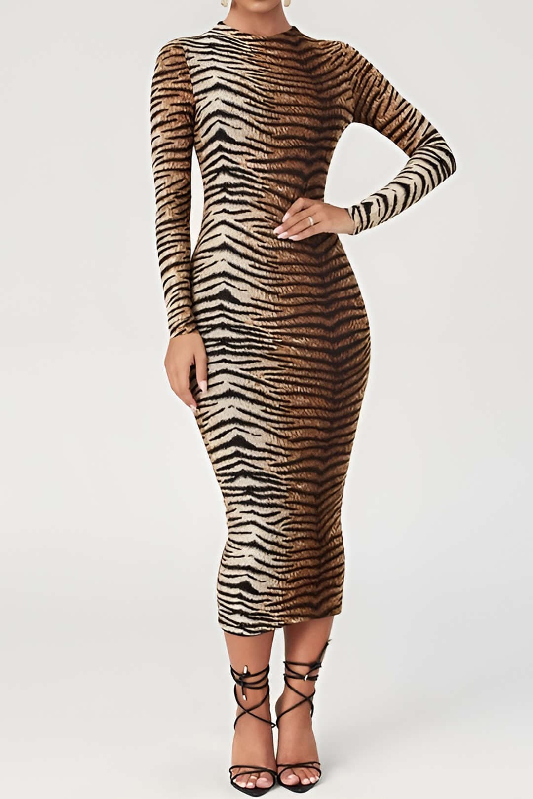 Women’s Animal Print Bodycon Midi Dress – Long Sleeve Party Dress