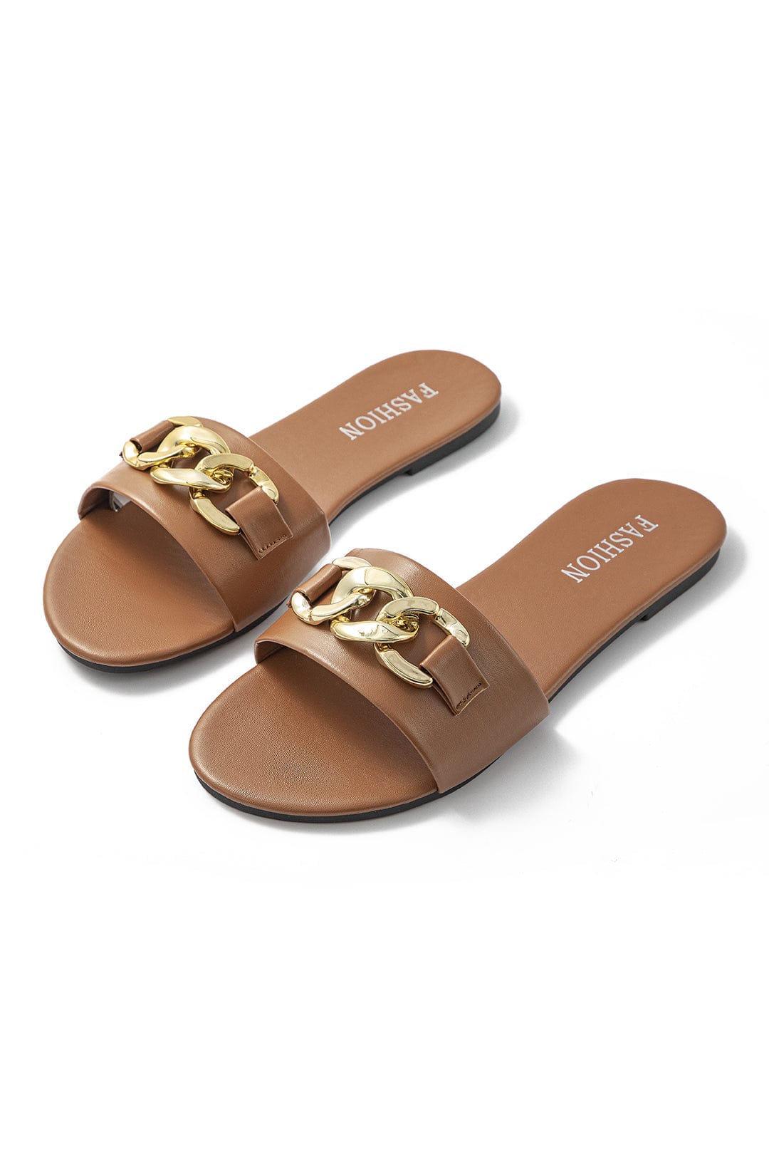 Women’s Slip-On Sandals with Gold Chain Detail – Flat Summer Slides