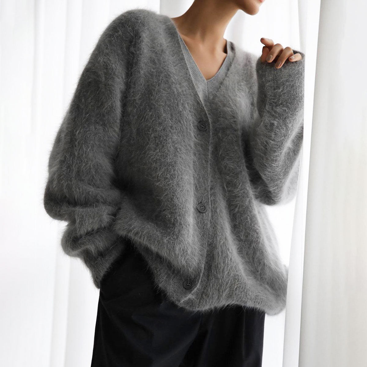 Soft Grey Fluffy Knit Cardigan – Luxury Oversized Sweater for Women