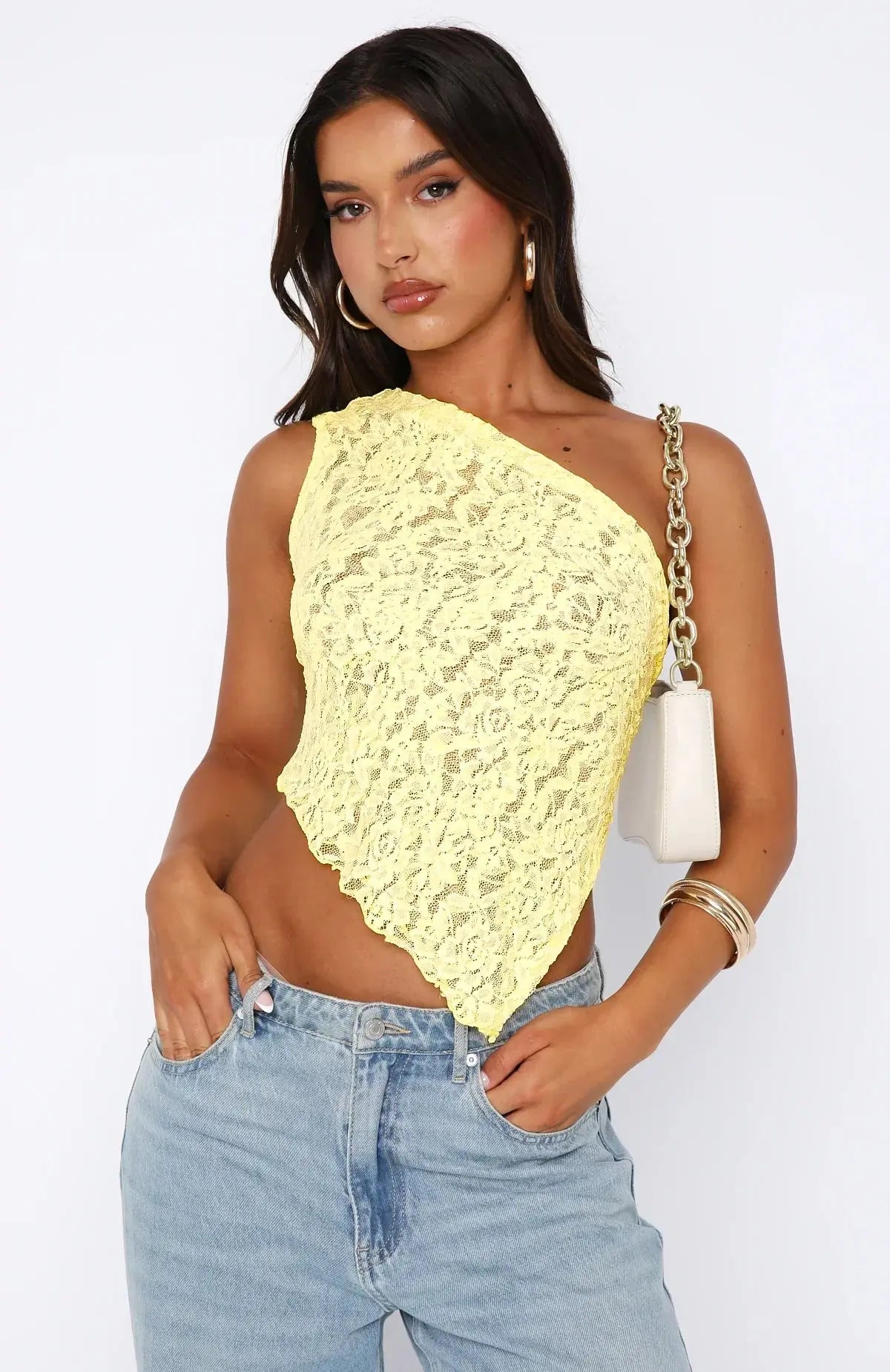 Women’s One Shoulder Lace Top – Asymmetric Sleeveless Blouse