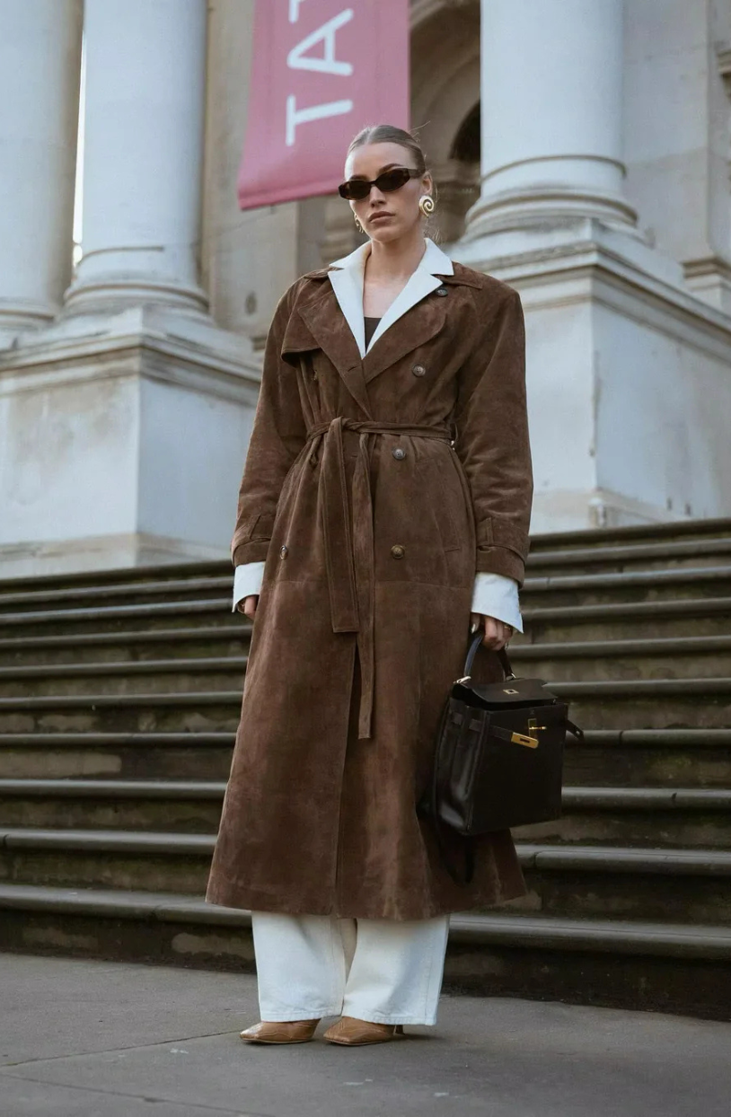 Women's Long Suede Trench Coat – Double-Breasted Belted Overcoat