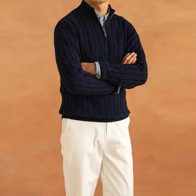 Men’s Cable-Knit Half-Zip Sweater – Warm Pullover with Stand Collar Nuvella-Lane