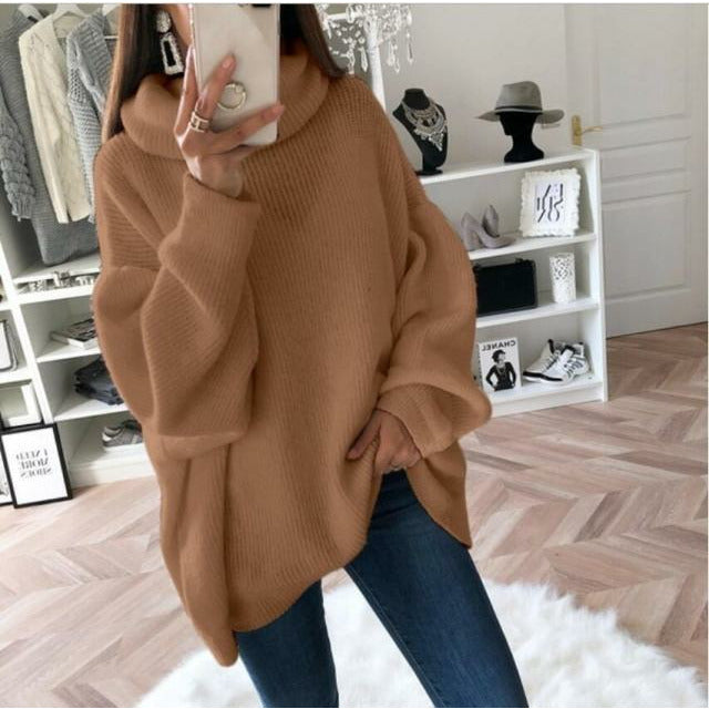 Oversized Camel Knit Sweater with Turtleneck – Women