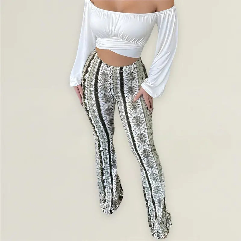 Women's High-Waisted Printed Flared Pants – Stretch Fit Festival Style