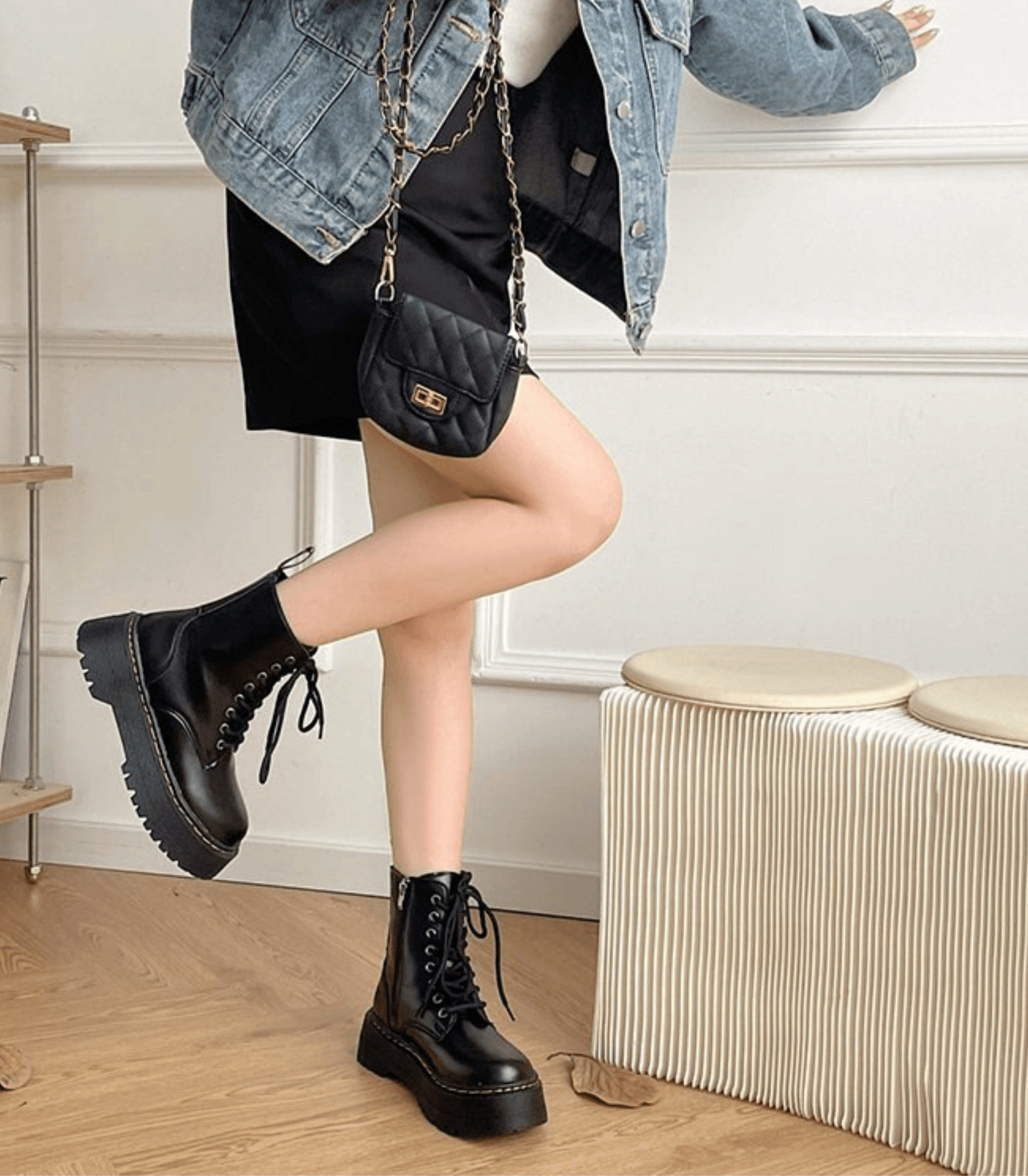 Women’s Black Platform Combat Boots – Lace-Up Ankle Boots