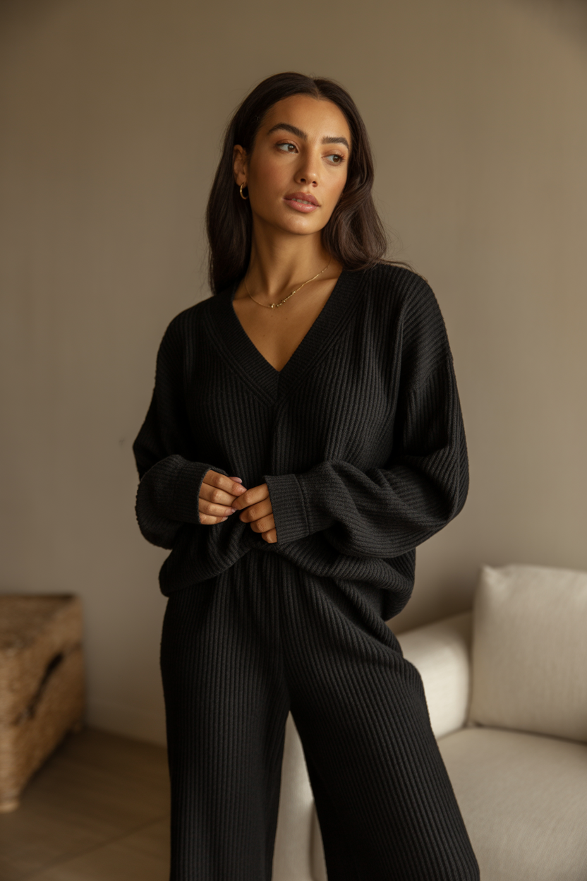 Chocolate Brown Ribbed Knit Lounge Set | Cozy & Minimal