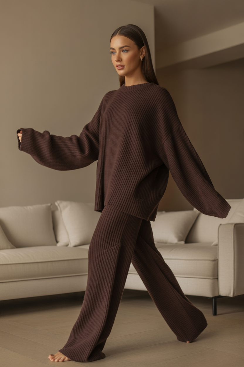 Women's Black Loungewear Set – Oversized Knit Top & Wide-Leg Pants