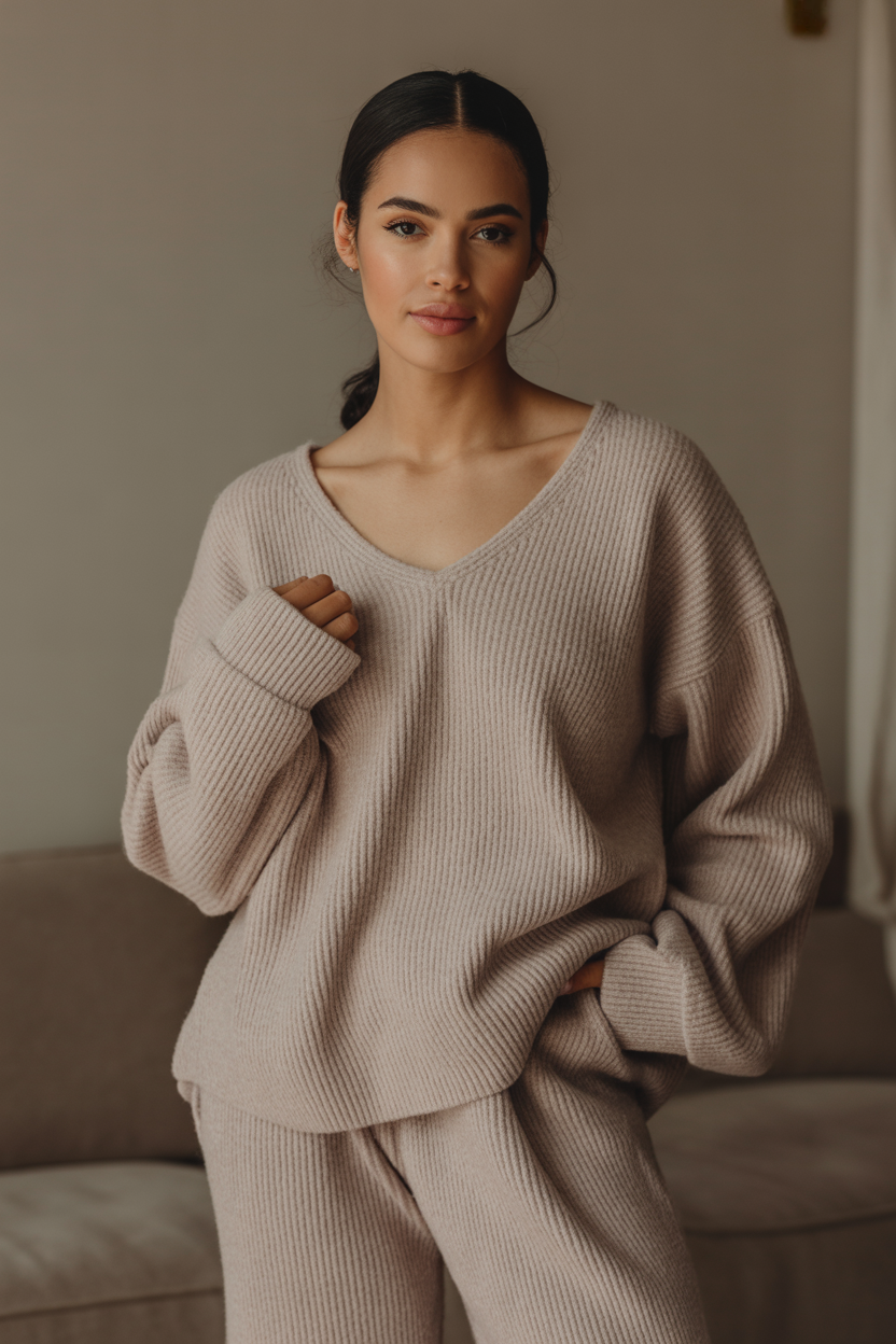 Chocolate Brown Ribbed Knit Lounge Set | Cozy & Minimal